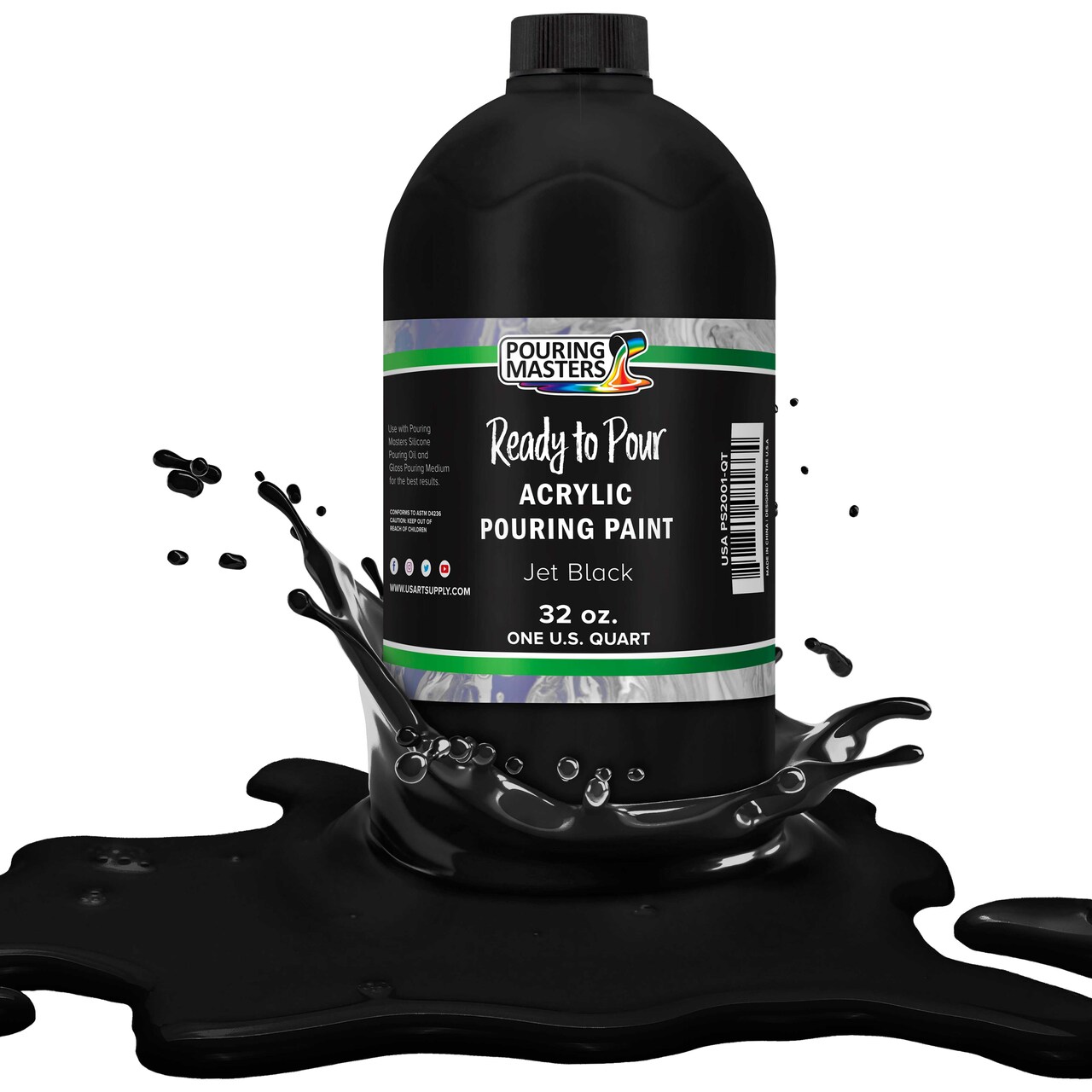 Pouring Masters Jet Black Ready to Pour Acrylic Pouring Paint - Premium 32-Ounce Pre-Mixed Fluid Acrylic Paint - Fluid Art Supplies for Canvas, Wood, Paper, Tile & Rocks